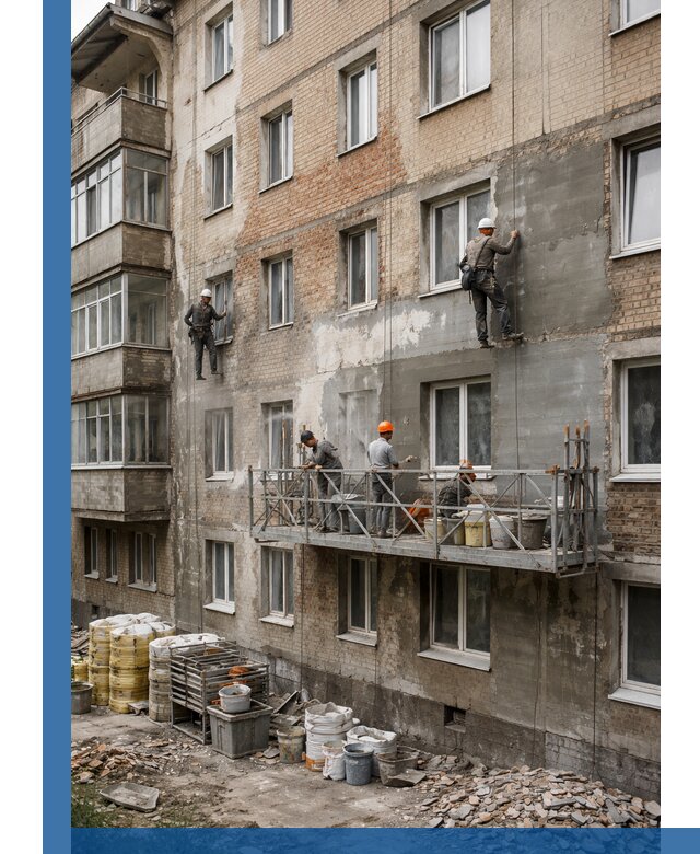 Капитальный ремонт фасада в Петропавловске-Камчатском с восстановлением и гидроизоляцией