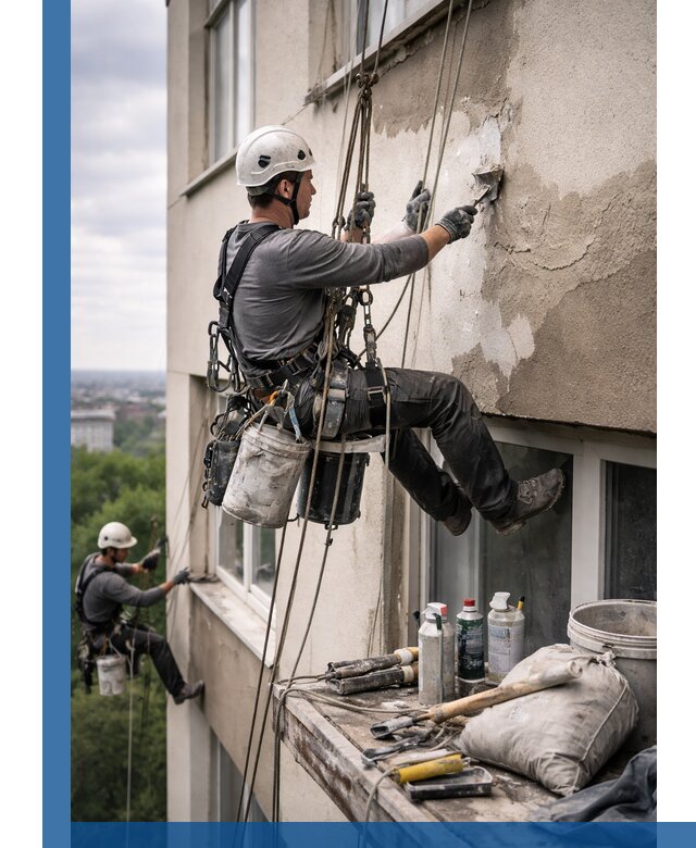 Косметический ремонт фасада зданий в Петропавловске-Камчатском промышленными альпинистами