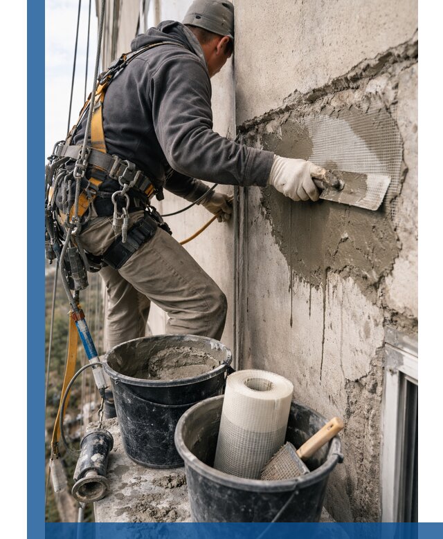 Ремонт бетонных элементов фасада промышленными альпинистами в Петропавловске-Камчатском