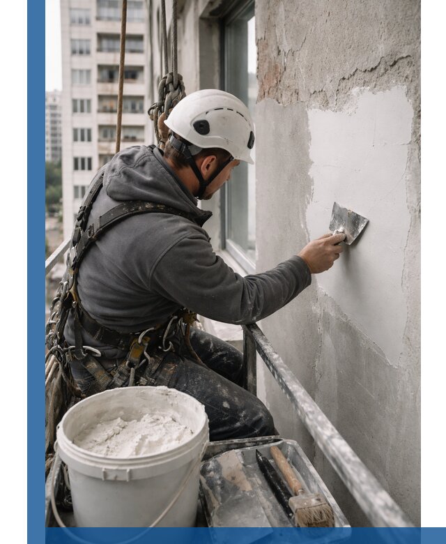 Шпаклевка фасадов на высоте с промальпинистами в Петропавловске-Камчатском