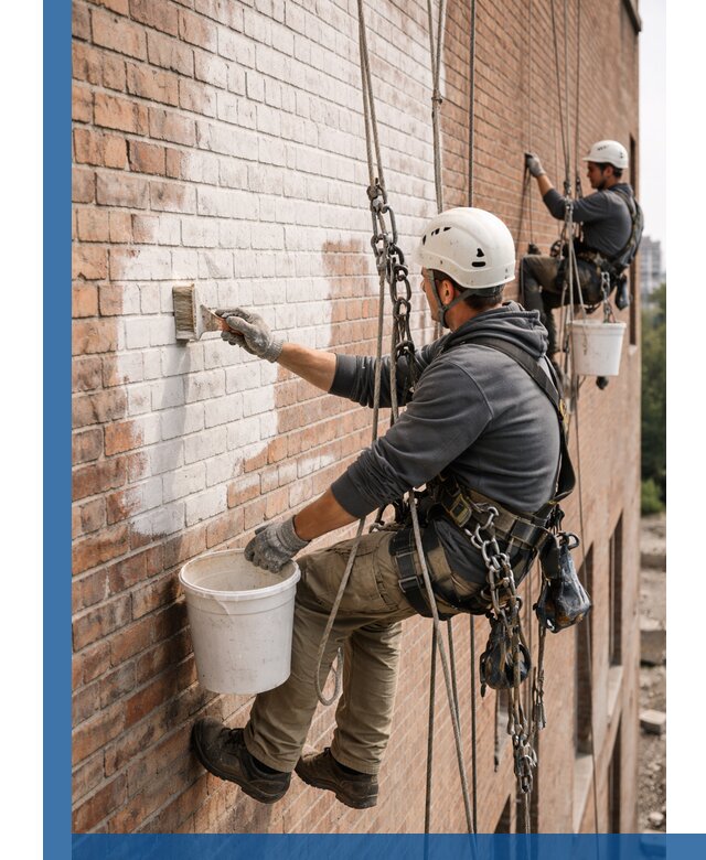 Покраска кирпичного фасада с доступным альпинистским сервисом в Петропавловске-Камчатском