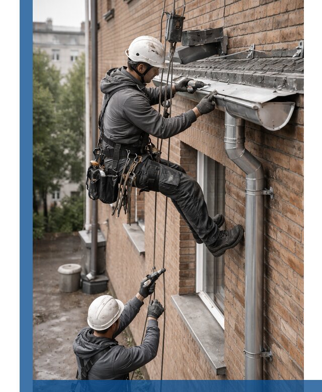 Монтаж водосточной системы на здании в Петропавловске-Камчатском под ключ