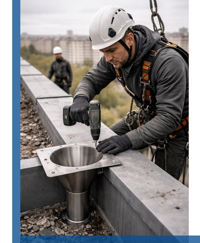 Монтаж водосточных воронок в Петропавловске-Камчатском для промышленных зданий