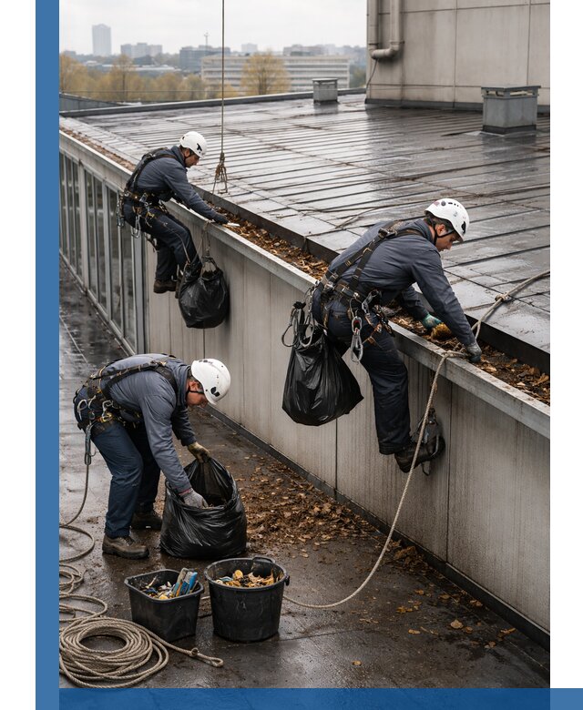 Очистка кровли по периметру в Петропавловске-Камчатском силами промышленных альпинистов