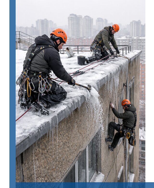 Удаление наледи с кровли в Петропавловске-Камчатском промышленными альпинистами