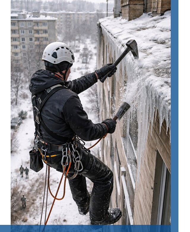 Сбивание сосулек с крыши в Петропавловске-Камчатском по цене от 4662 р. | ВЫСОТНИК-Птк
