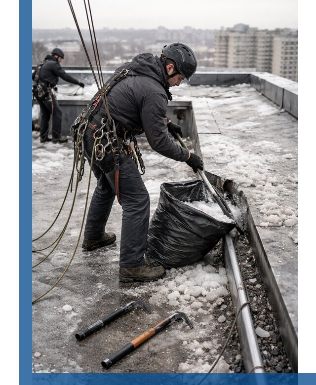 Аварийная очистка кровли в Петропавловске-Камчатском от промальпинистов