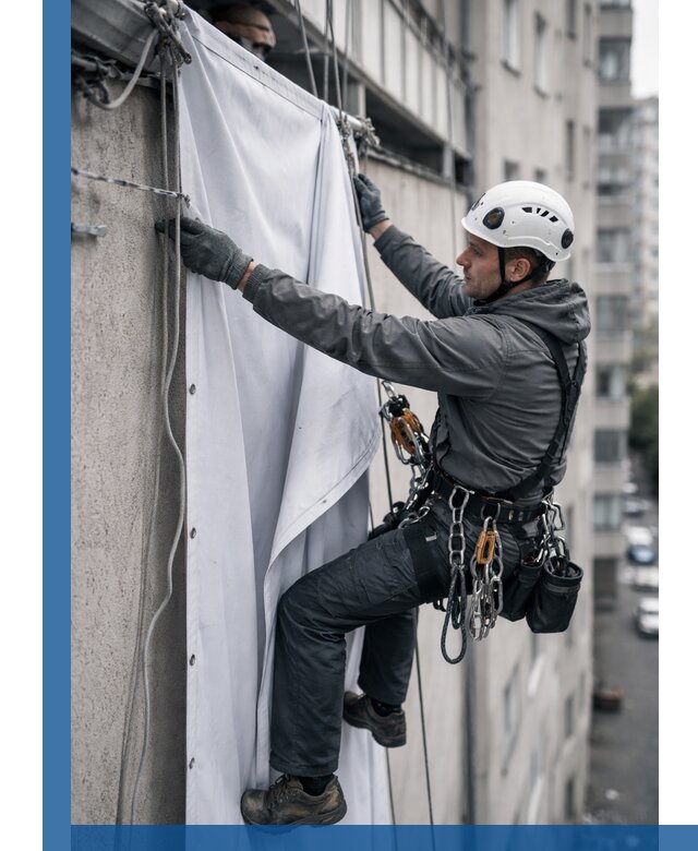 Замена баннерного полотна промышленными альпинистами в Петропавловске-Камчатском