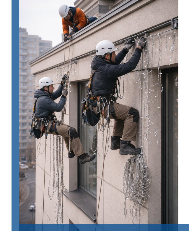 Монтаж праздничных гирлянд на фасаде в Петропавловске-Камчатском для зданий