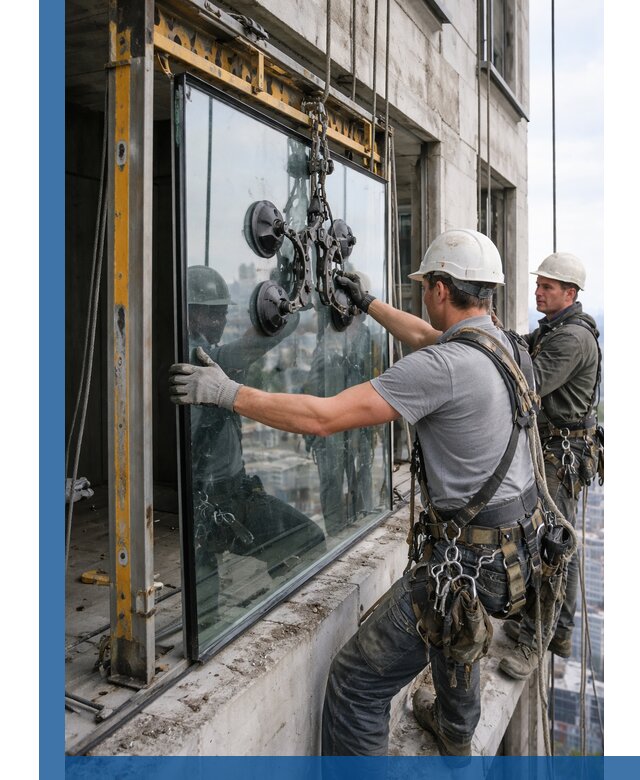 Монтаж стеклопакетов на высоте в Петропавловске-Камчатском с промышленным альпинизмом