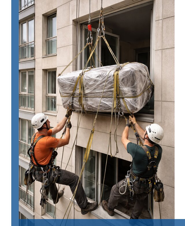 Подъем грузов через окно в Петропавловске-Камчатском промышленными альпинистами