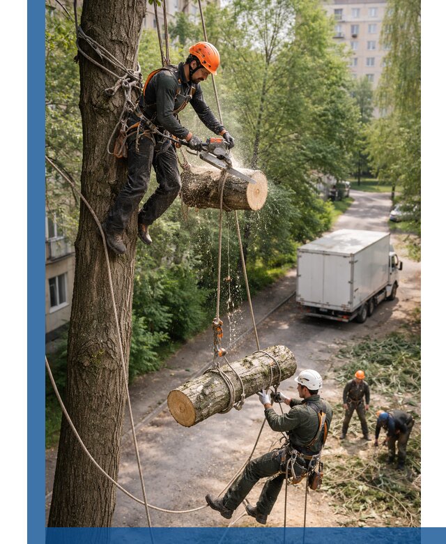 Спил деревьев альпинистами в Петропавловске-Камчатском, безопасно и без повреждений