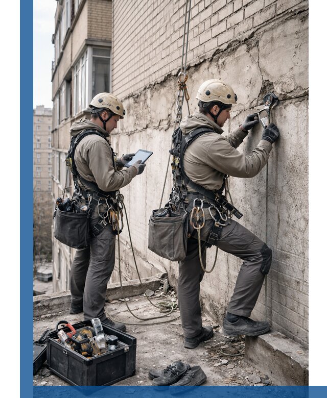 Обследование фасада промышленными альпинистами в Петропавловске-Камчатском